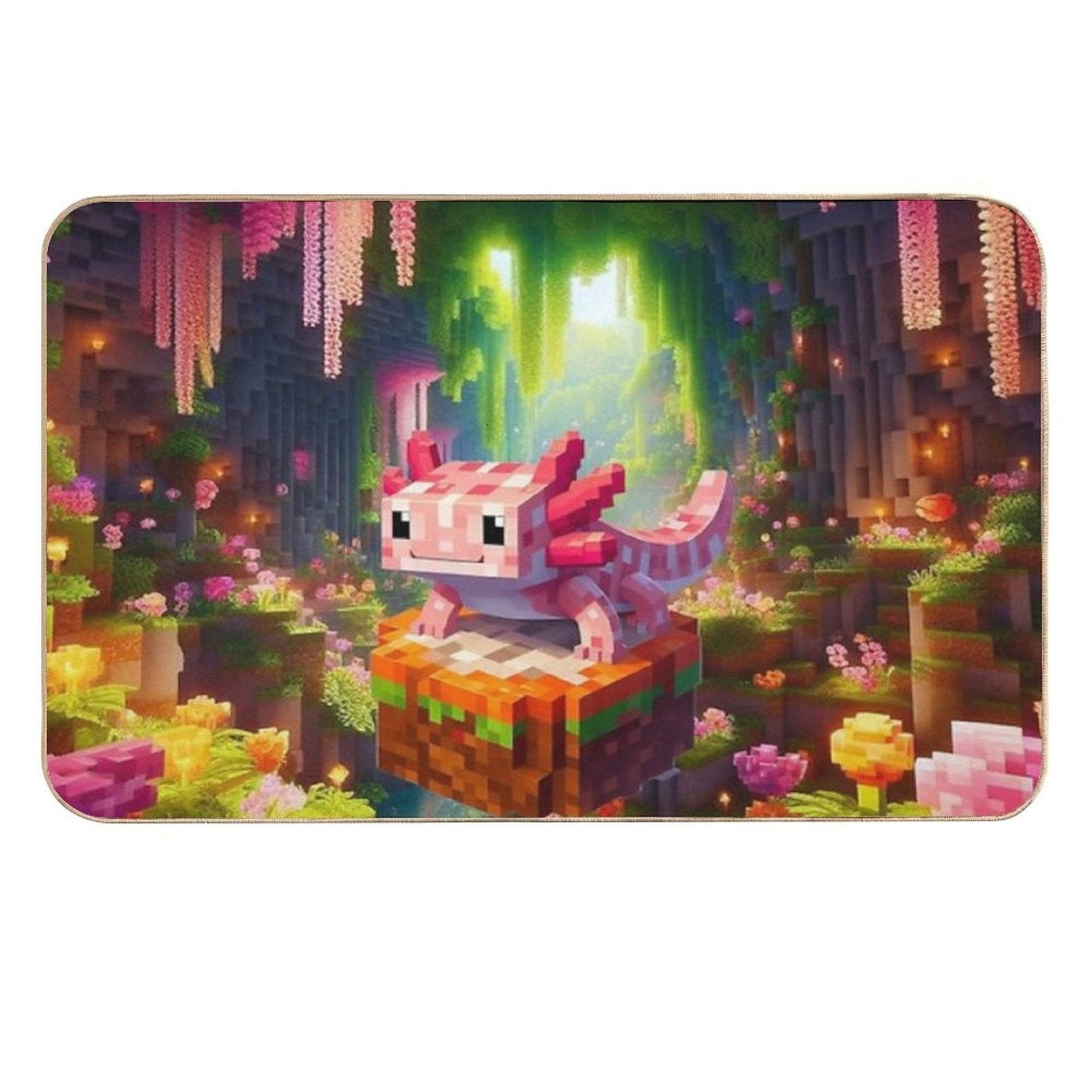 Cute Pink Minecraft Axolotl on Block  Slip-Resistant Bath Mat