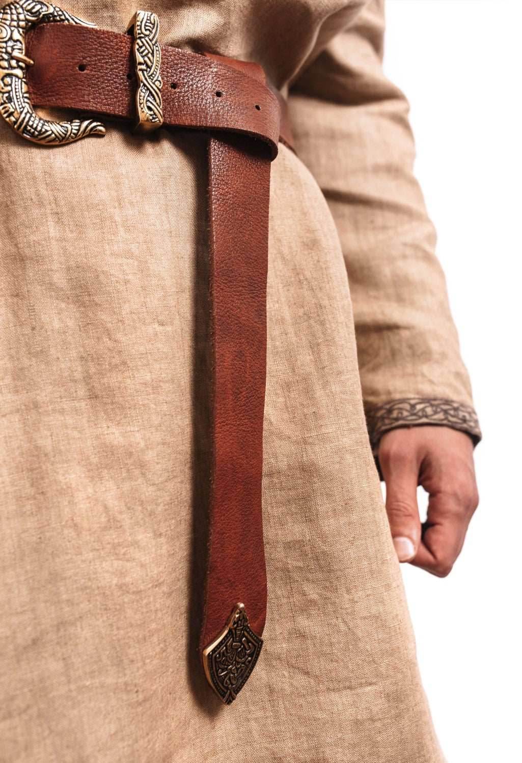 Brown Leather Belt with Brass Buckle & Tip - 