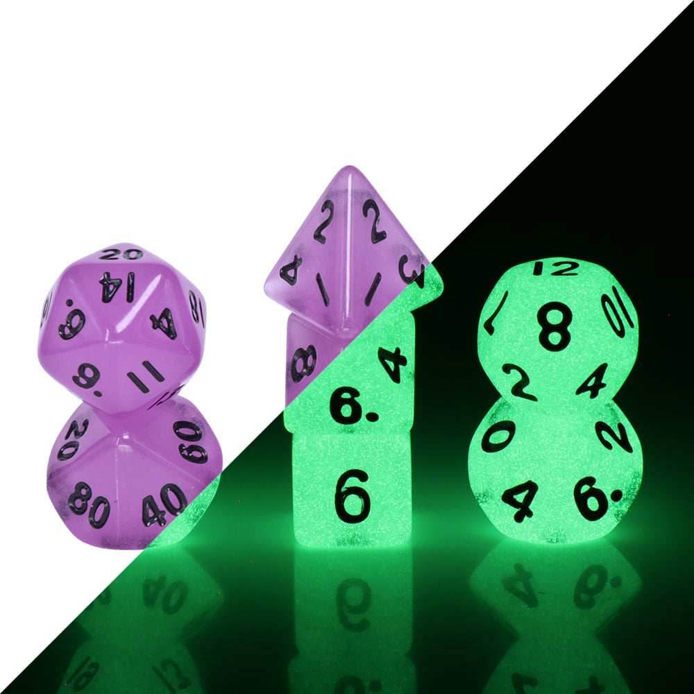 Purple Glow 7-Dice Mini-Dice RPG Set w/Black Numbers Miniature Dice - 
