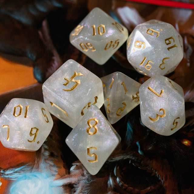 Glitter Party White Glitter Dice (Gold font) 7-Dice Set RPG DND - 