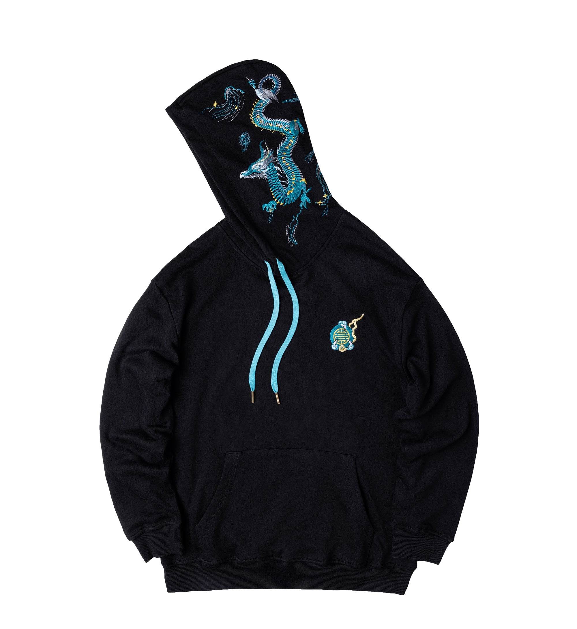 KH9000 Blue Dragon Embroidery Hoodie - Black / S
