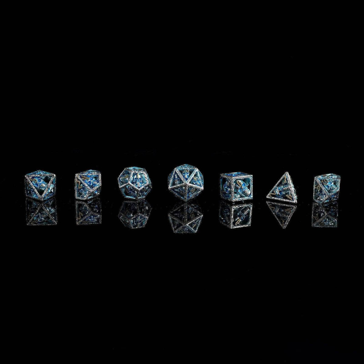 Skull's Grin Hollow Metal Dice Set - Glow in the Dark Blue - 
