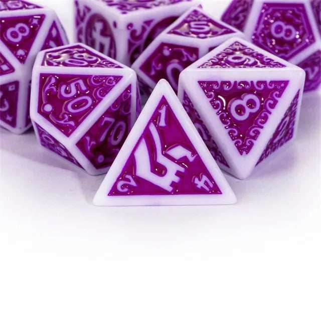 White with Purple rregular Pattern Fill: 7-Piece Acrylic Dice Set - 