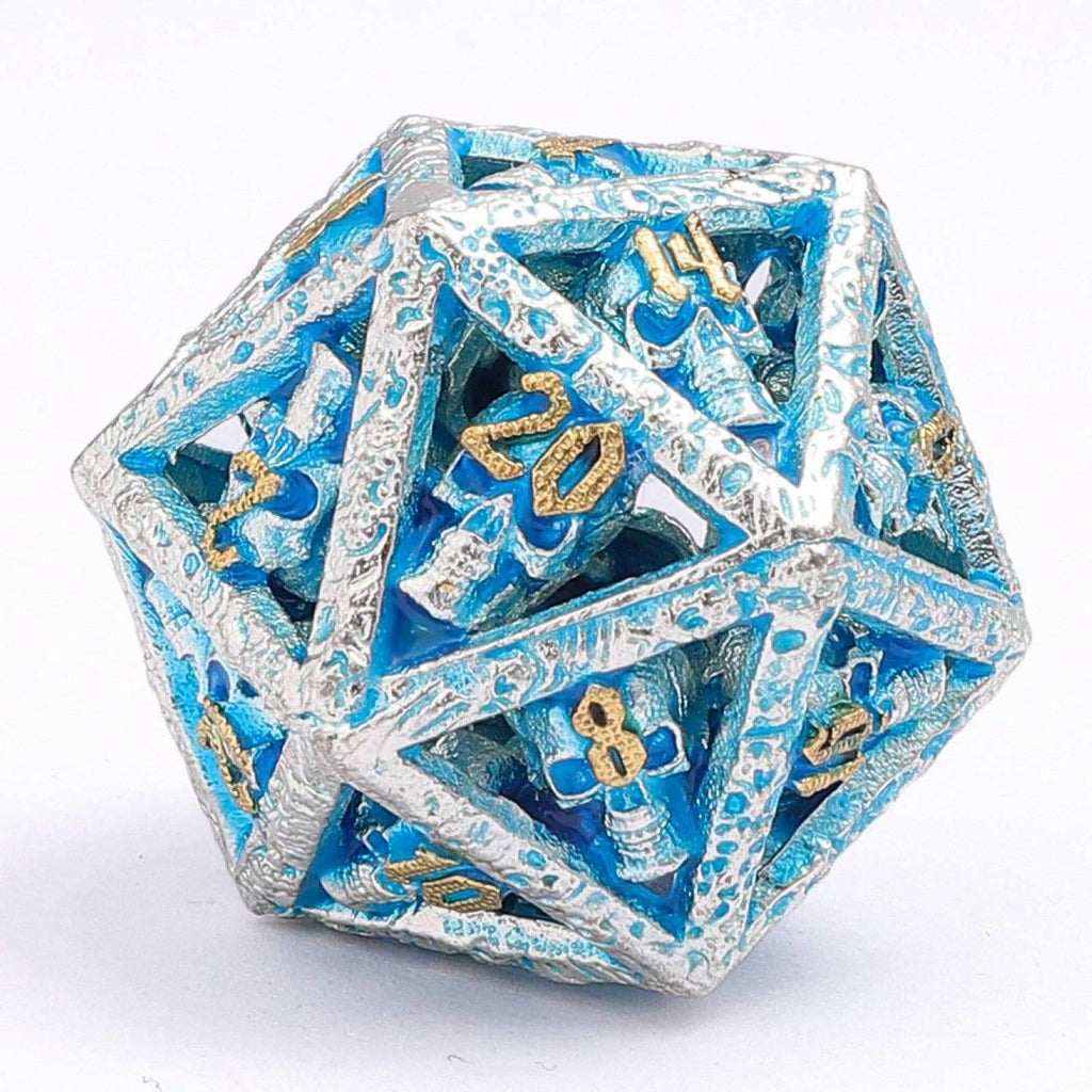 Skull's Grin Hollow Metal Dice Set - Glow in the Dark Blue - 
