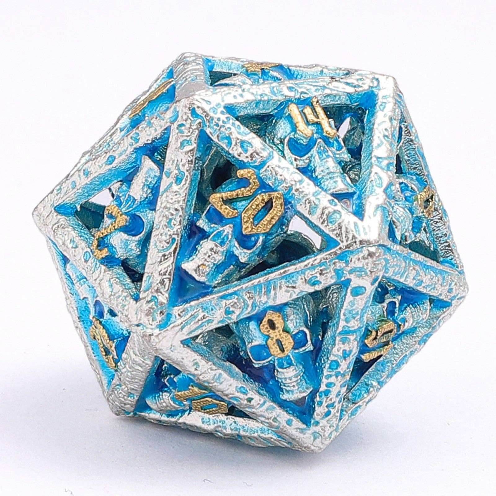 Skull's Grin Hollow Metal Dice Set - Glow in the Dark Blue - 