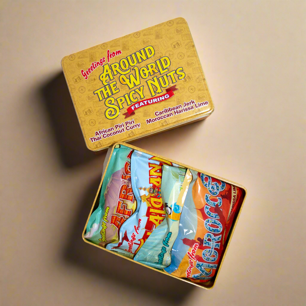 Around the World Spicy Nuts Sampler Tin – A Global Culinary Travel Adventure