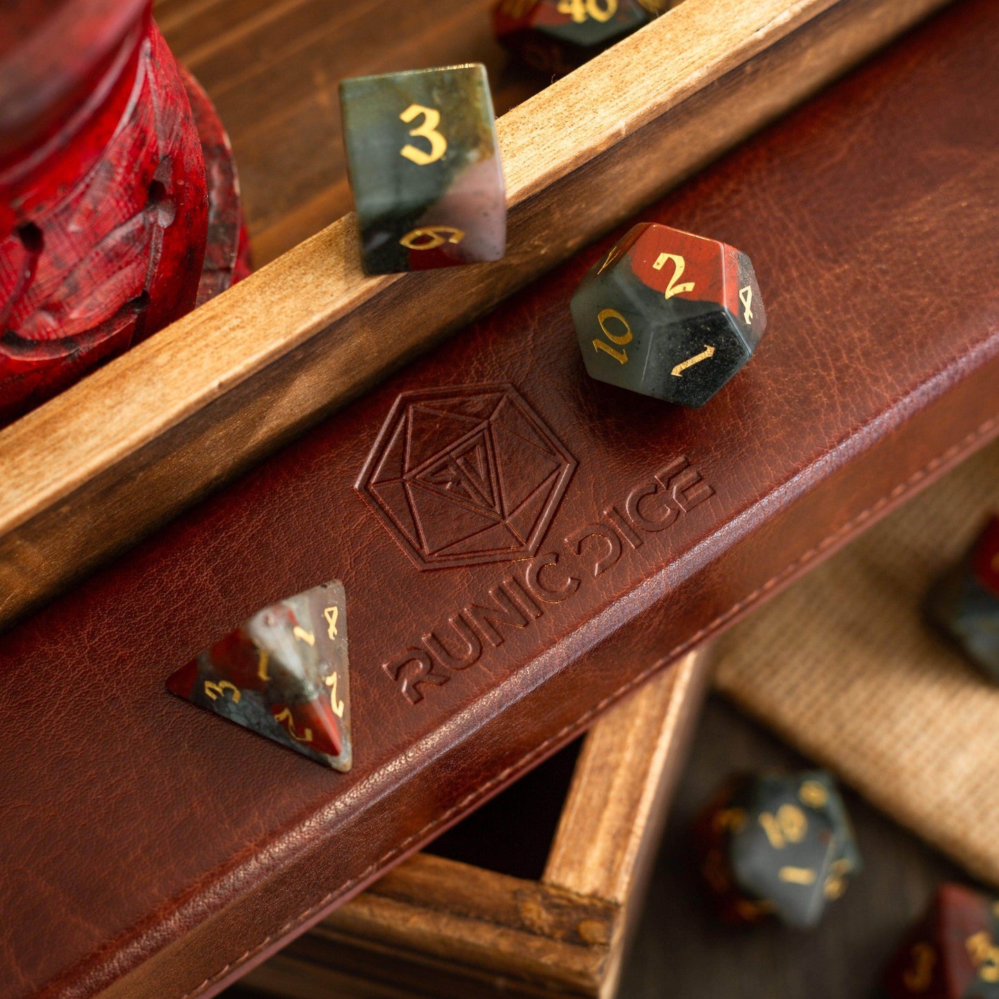 African Bloodstone Hand Carved Gemstone DND Dice Set - Full Set And Free Dice Box