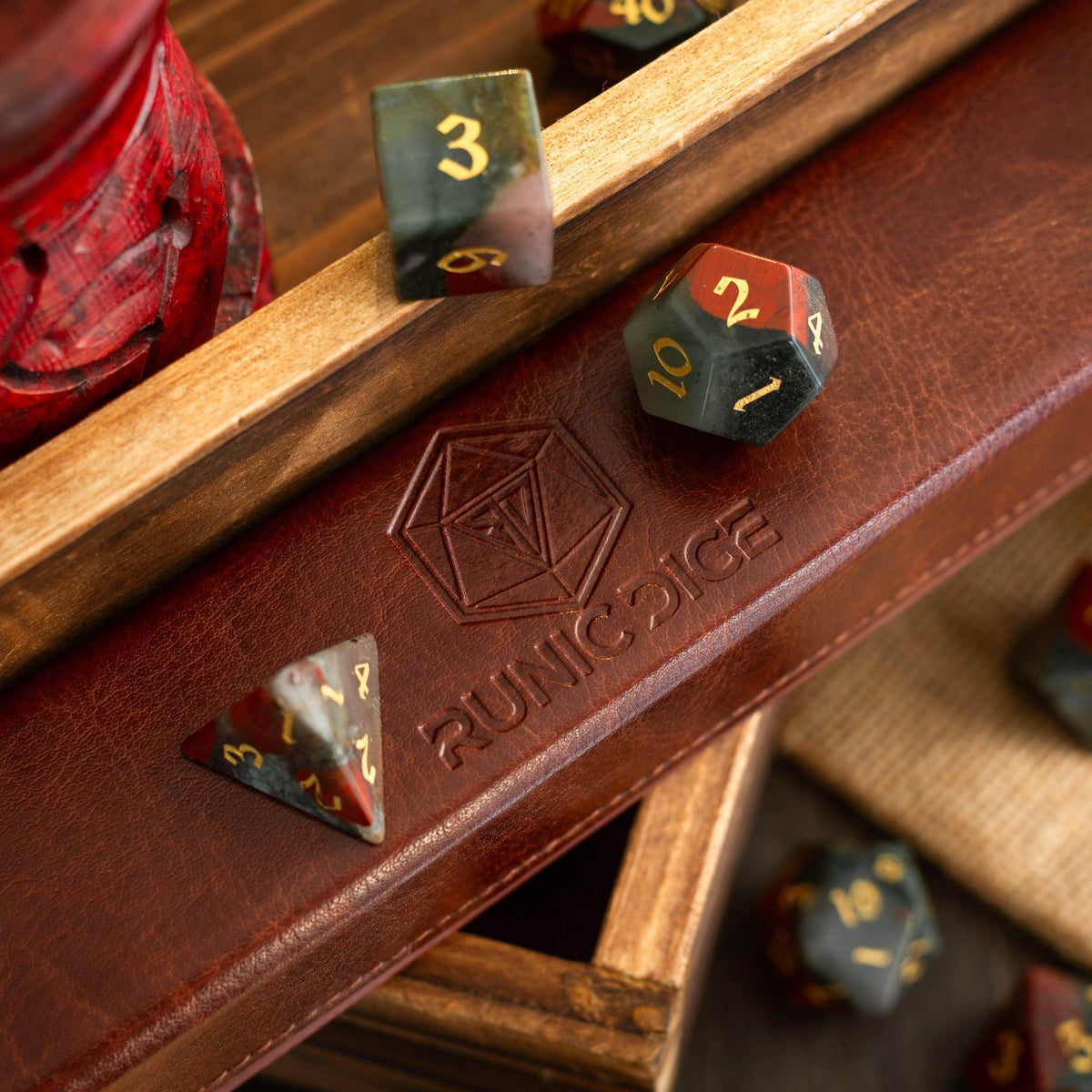 African Bloodstone Hand Carved Gemstone DND Dice Set - Full Set And Free Dice Box