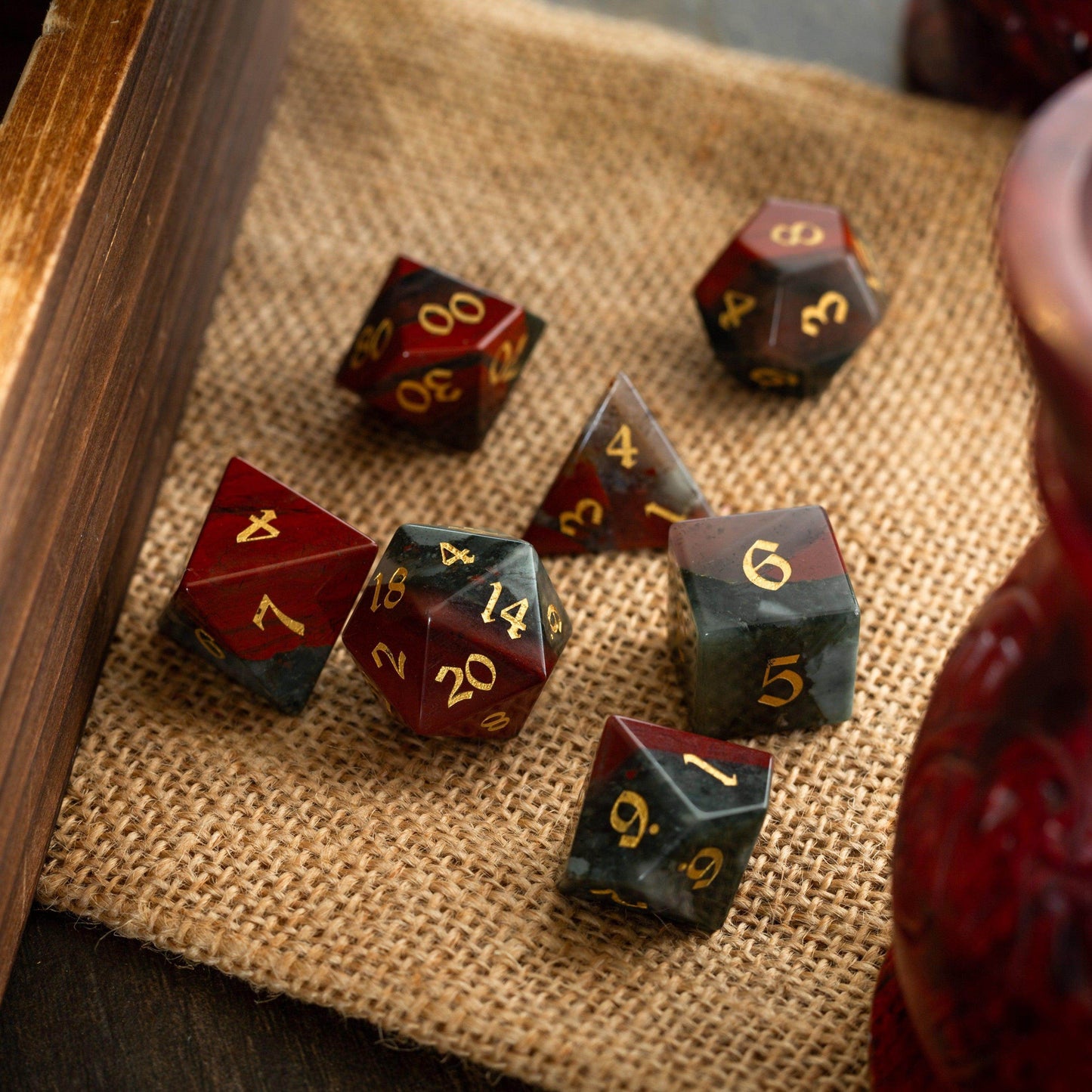 African Bloodstone Hand Carved Gemstone DND Dice Set - Full Set And Free Dice Box