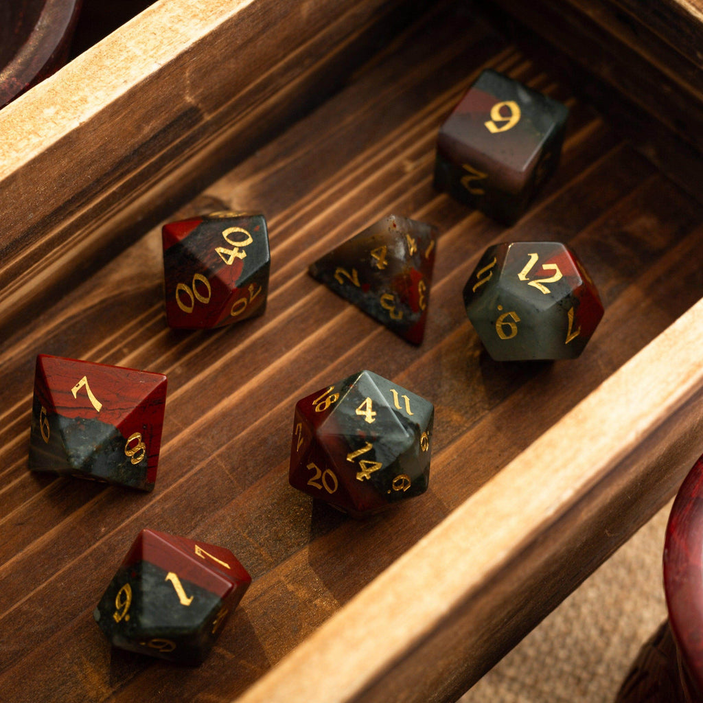 African Bloodstone Hand Carved Gemstone DND Dice Set - Full Set And Free Dice Box