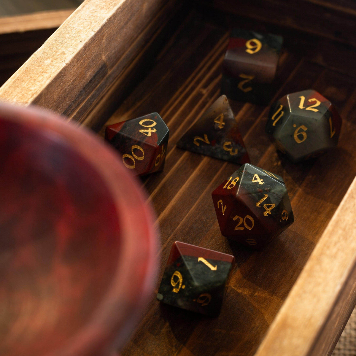 African Bloodstone Hand Carved Gemstone DND Dice Set - Full Set And Free Dice Box