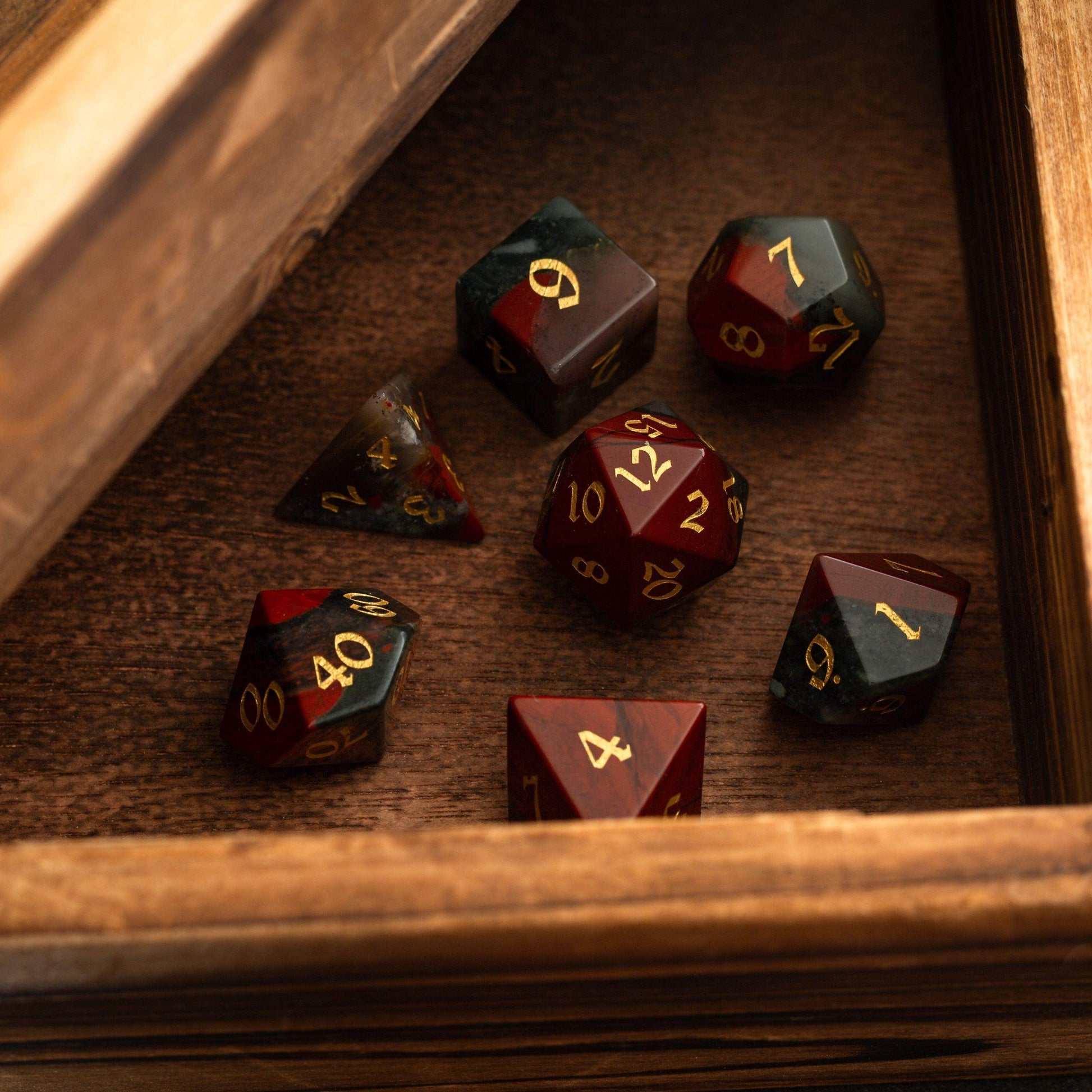 African Bloodstone Hand Carved Gemstone DND Dice Set - Full Set And Free Dice Box