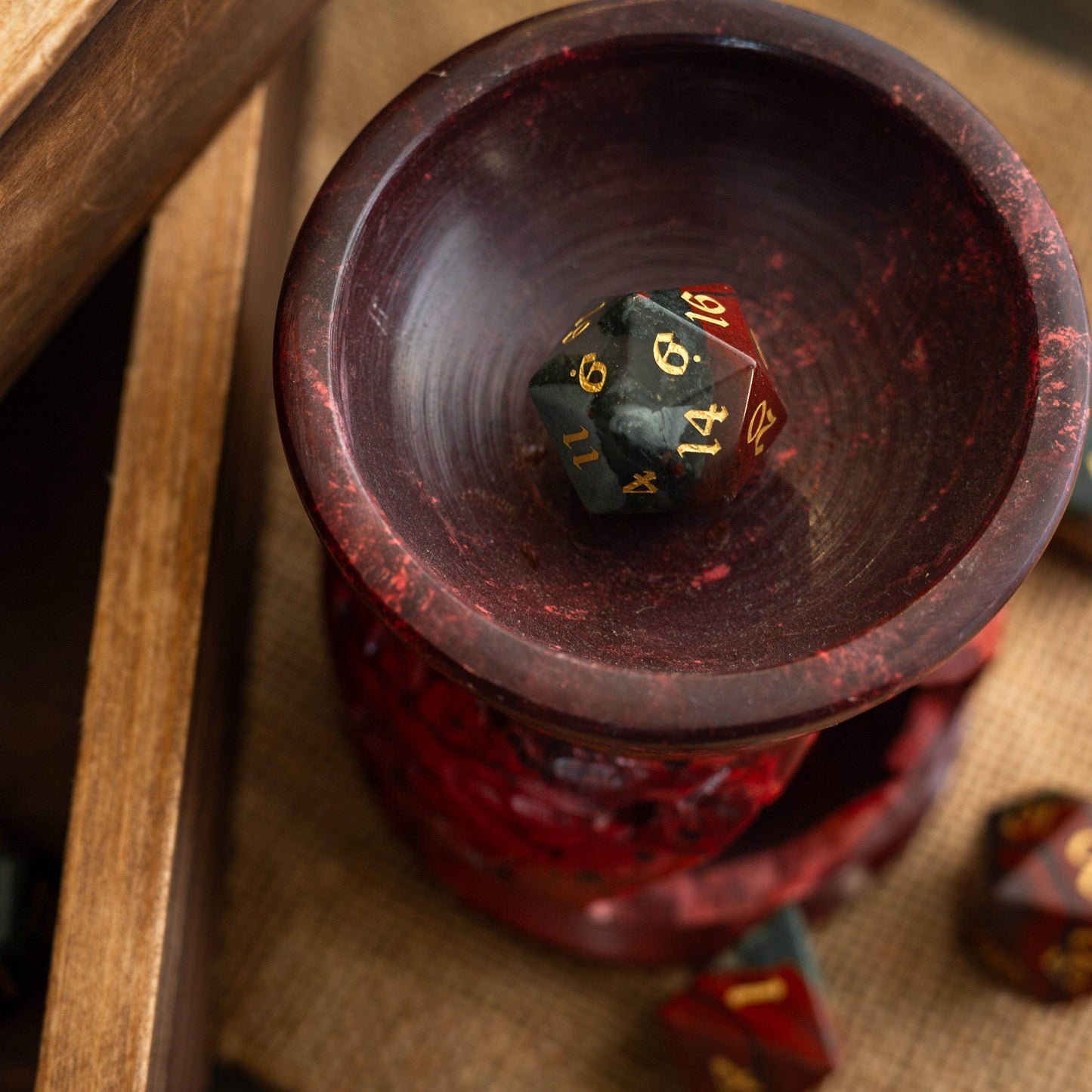 African Bloodstone Hand Carved Gemstone DND Dice Set - Full Set And Free Dice Box