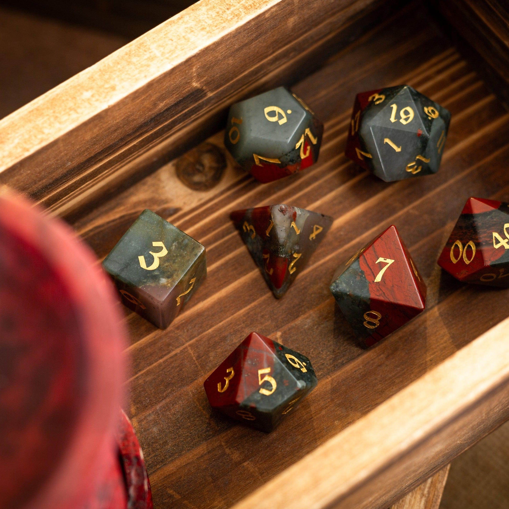 African Bloodstone Hand Carved Gemstone DND Dice Set - Full Set And Free Dice Box