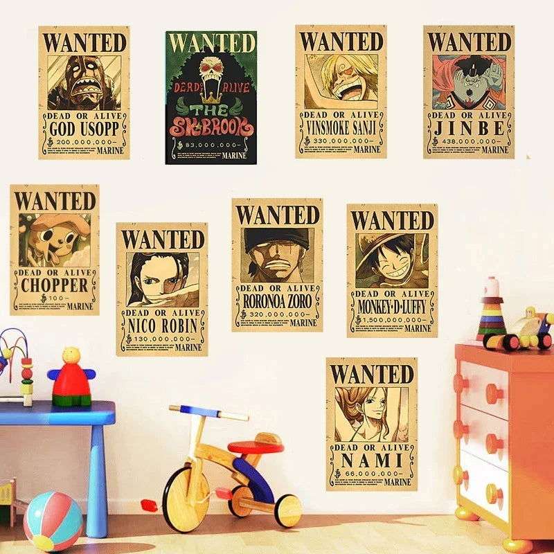 Anime One Piece Gear 5 Luffy Wanted Posters, Kids Bedroom Retro Poster Zoro Living Home Decoration Wall Art Paper Stickers