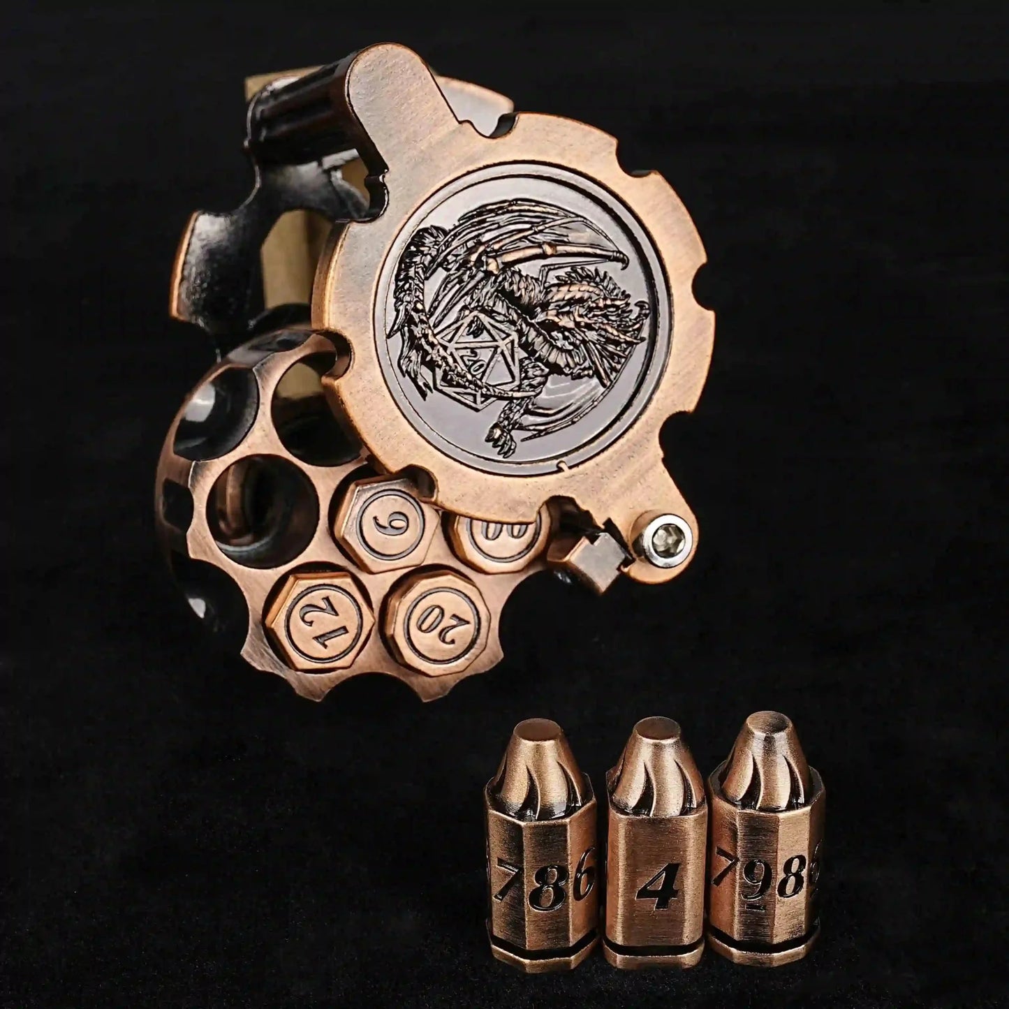 Unique dnd revolver dice set: 7 cool metal dnd bullet dice in the rotating revolver cylindrical magazine