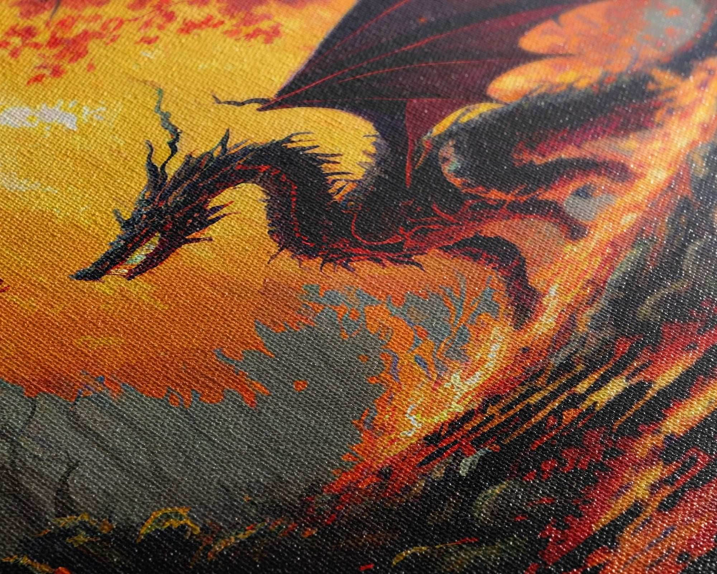 Dragon standing in a burned forest, fantasy art, fine art poster print - 8x12 Inches / Gallery Wrap Canvas - Ready To Hang