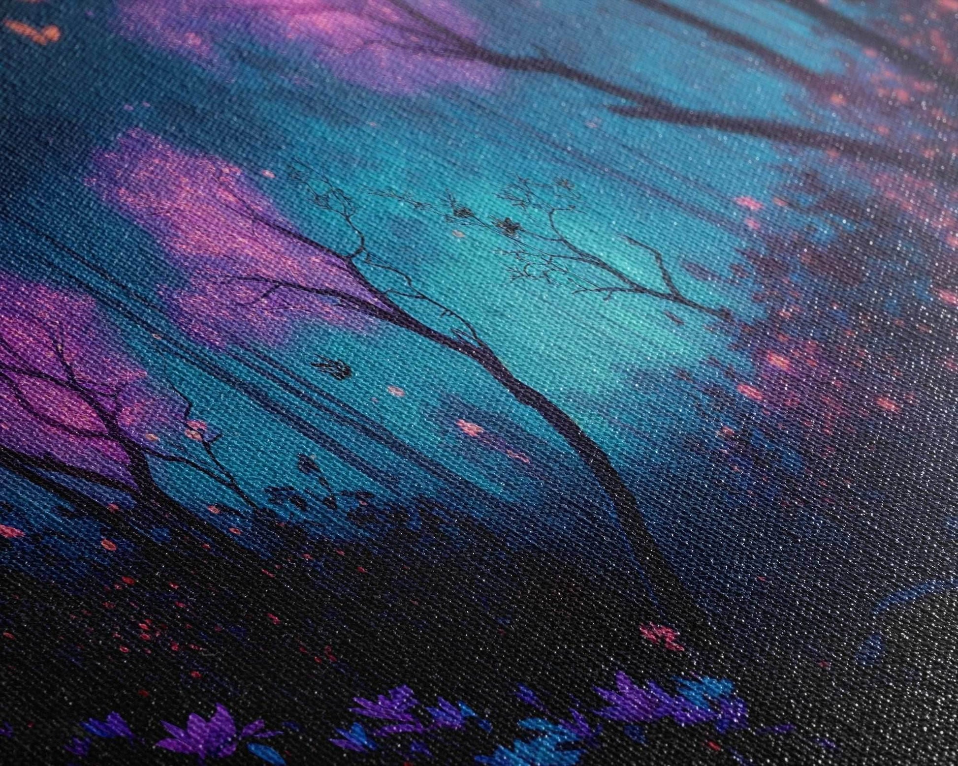 Beautiful Fantasy Forest, Framed Canvas Print, Fantasy Art, Butterflies and Fireflies Light up a Fairy Forest At Night, Framed Wall Art - 10x30 Inches / Gallery Wrap Canvas - Ready To Hang