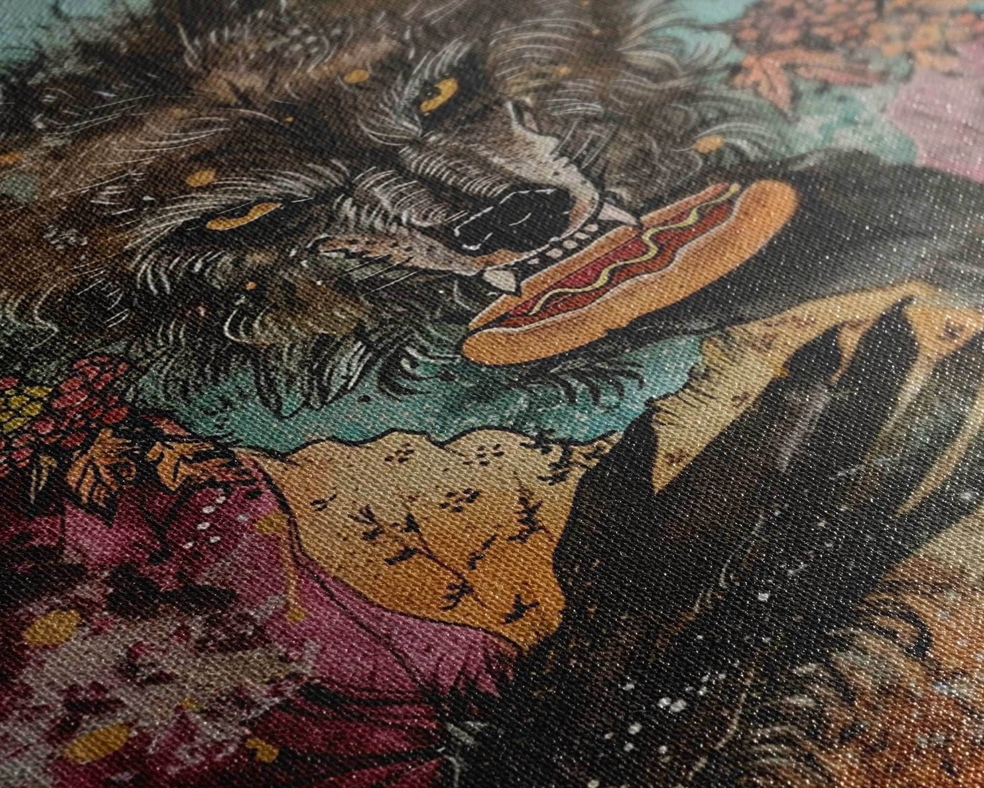 Halloween Werewolf Holding Hotdog, Framed Canvas Print, Wall Art, Home Decor, Spooky Artwork, Fantasy Decor, Halloween Decor - 8x12 Inches / Gallery Wrap Canvas - Ready To Hang