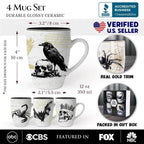 Elegant Goth Set of 4 Ceramic Mugs with Real Gold Trim, Black and White Spooky Halloween Coffee Cup Kitchen Gift - 