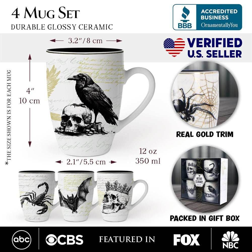 Elegant Goth Set of 4 Ceramic Mugs with Real Gold Trim, Black and White Spooky Halloween Coffee Cup Kitchen Gift - 