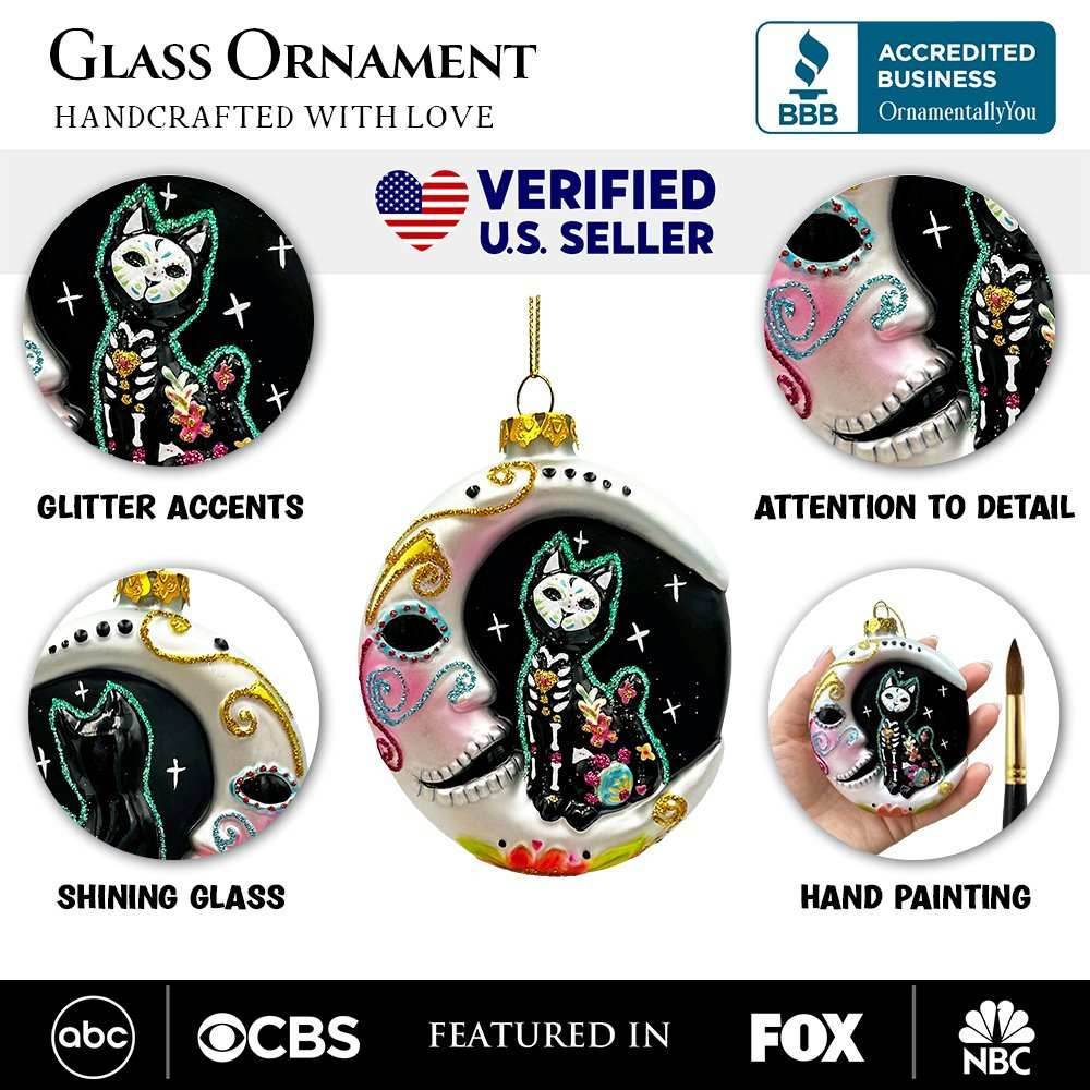Folkloric Siamese Cat Sugar Skull Glass Ornament, Celestial Crescent Moon Halloween Decor - 