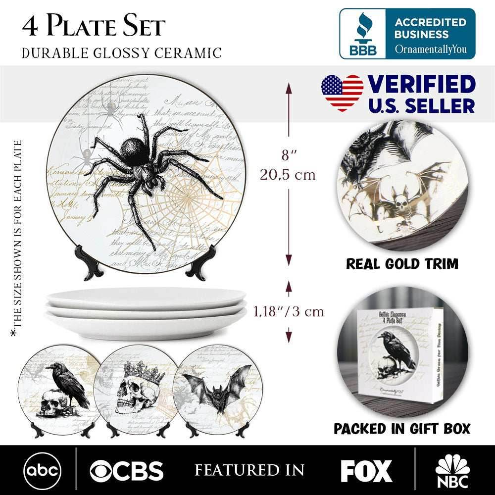 Gothic Elegance Set of 4 Plates with Real Gold Trim, Halloween Tableware Collection for Salad, Dessert, Appetizer, and Side Plates - 