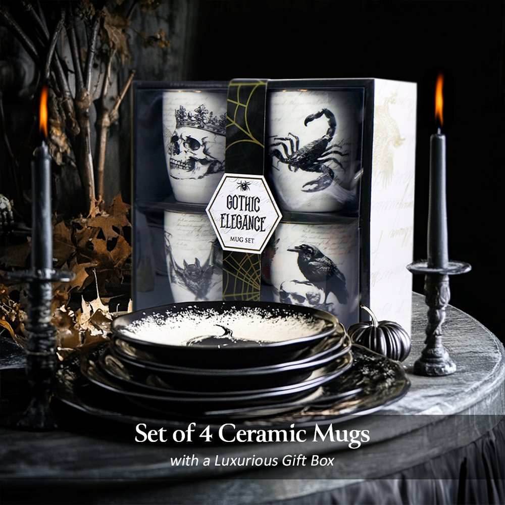 Elegant Goth Set of 4 Ceramic Mugs with Real Gold Trim, Black and White Spooky Halloween Coffee Cup Kitchen Gift - 