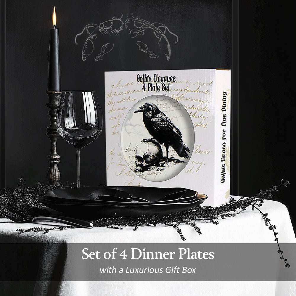 Gothic Elegance Set of 4 Plates with Real Gold Trim, Halloween Tableware Collection for Salad, Dessert, Appetizer, and Side Plates - 
