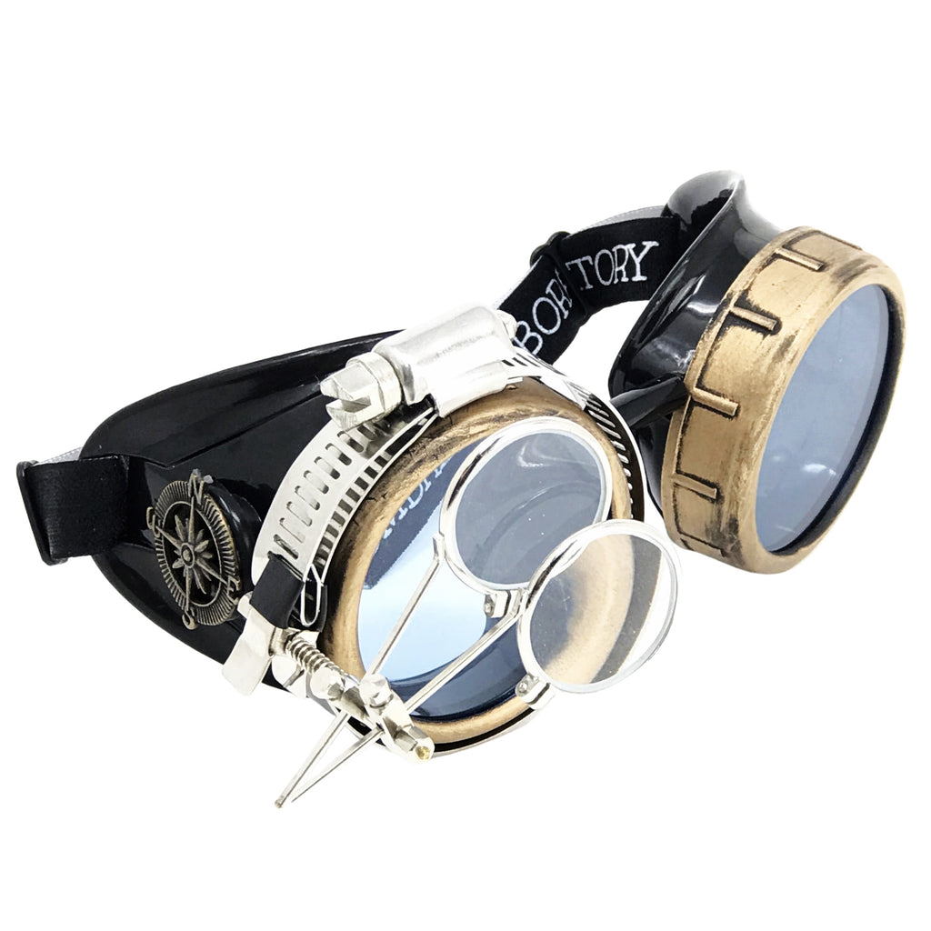 Victorian Steampunk Goggles with magnifying eye loupes blue lenses