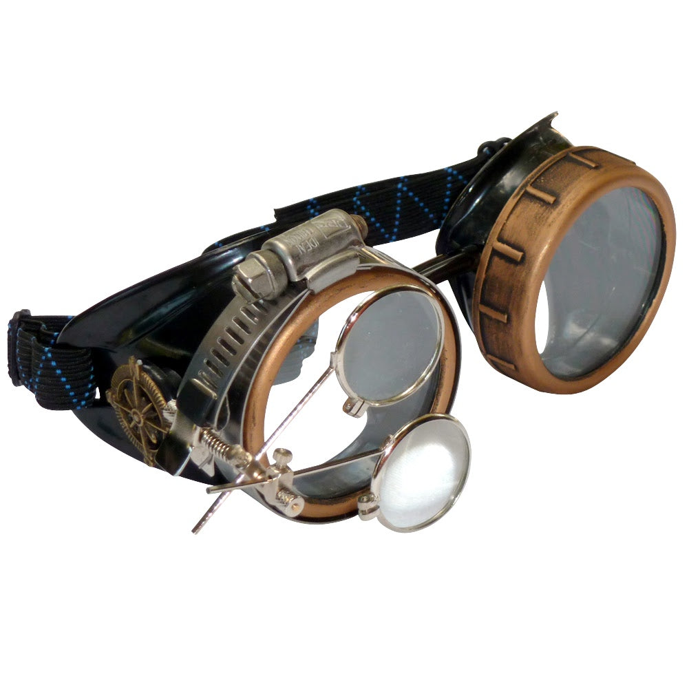 Victorian Steampunk Goggles with magnifying eye loupes blue lenses