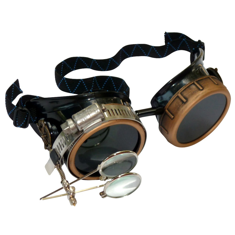 Victorian Steampunk Goggles with magnifying eye loupes blue lenses