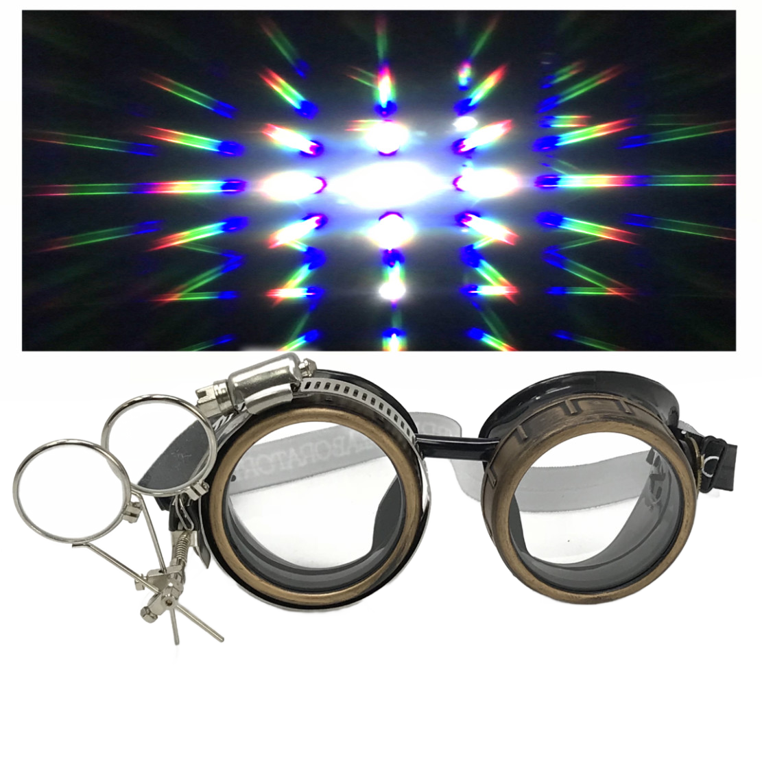 Steampunk Goggles with magnifying loupes UV glow neon blue prism diffraction lenses
