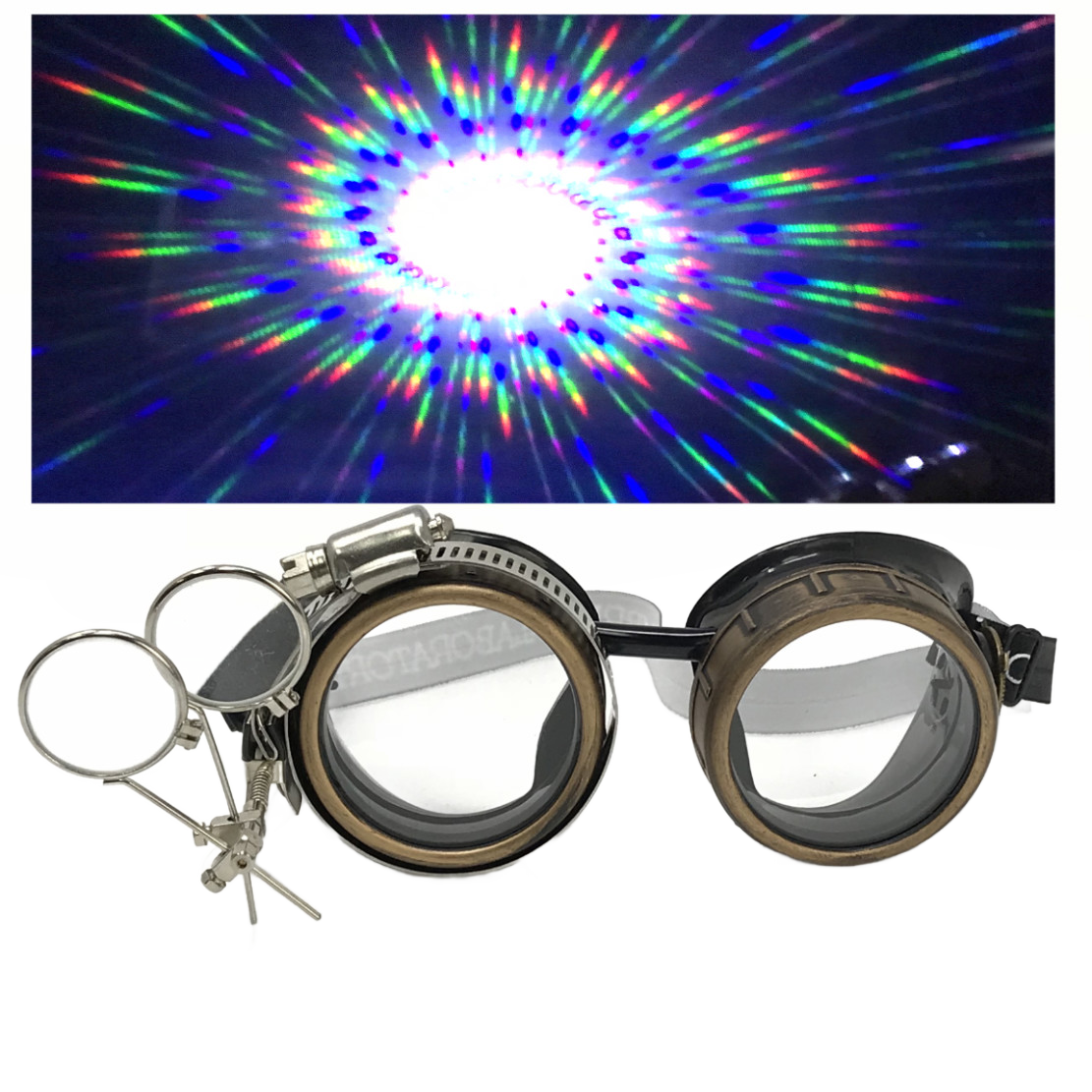 Steampunk Goggles with magnifying loupes crystal clear spiral diffraction lenses
