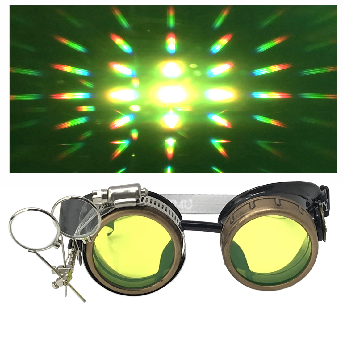 Steampunk Goggles with magnifying loupes UV glow neon blue prism diffraction lenses