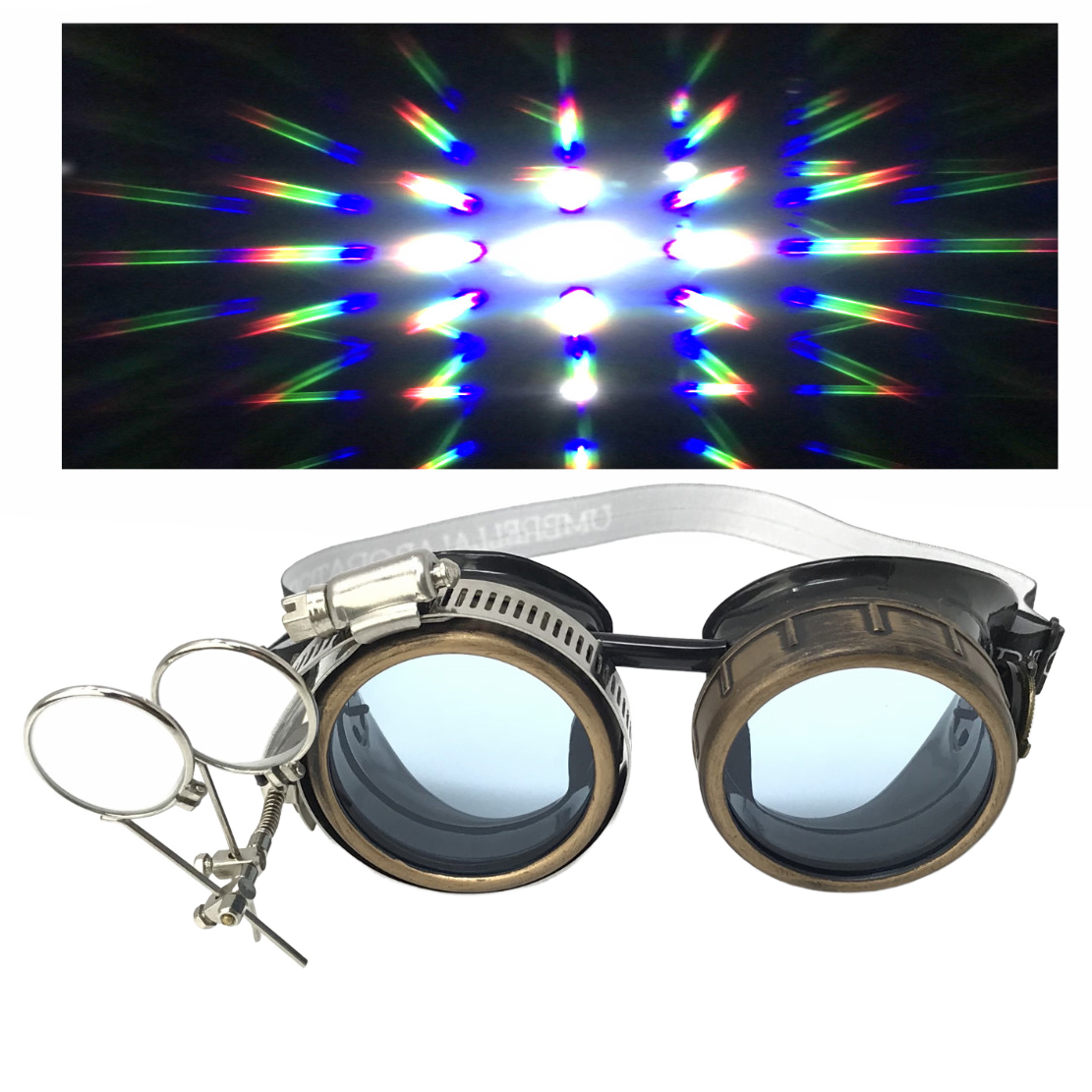 Steampunk Goggles with magnifying loupes UV glow neon blue prism diffraction lenses