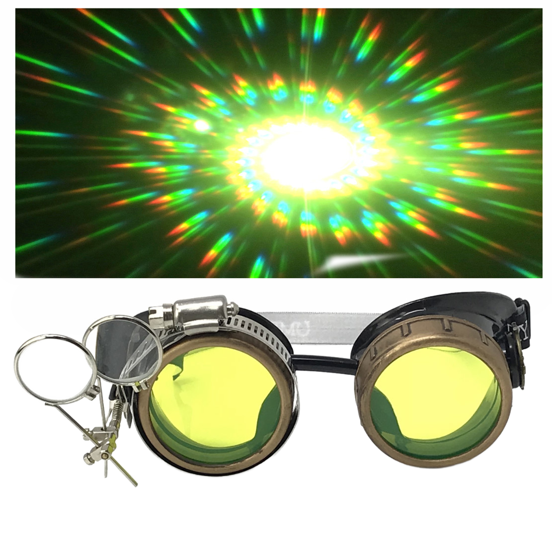 Steampunk Goggles with magnifying loupes crystal clear spiral diffraction lenses