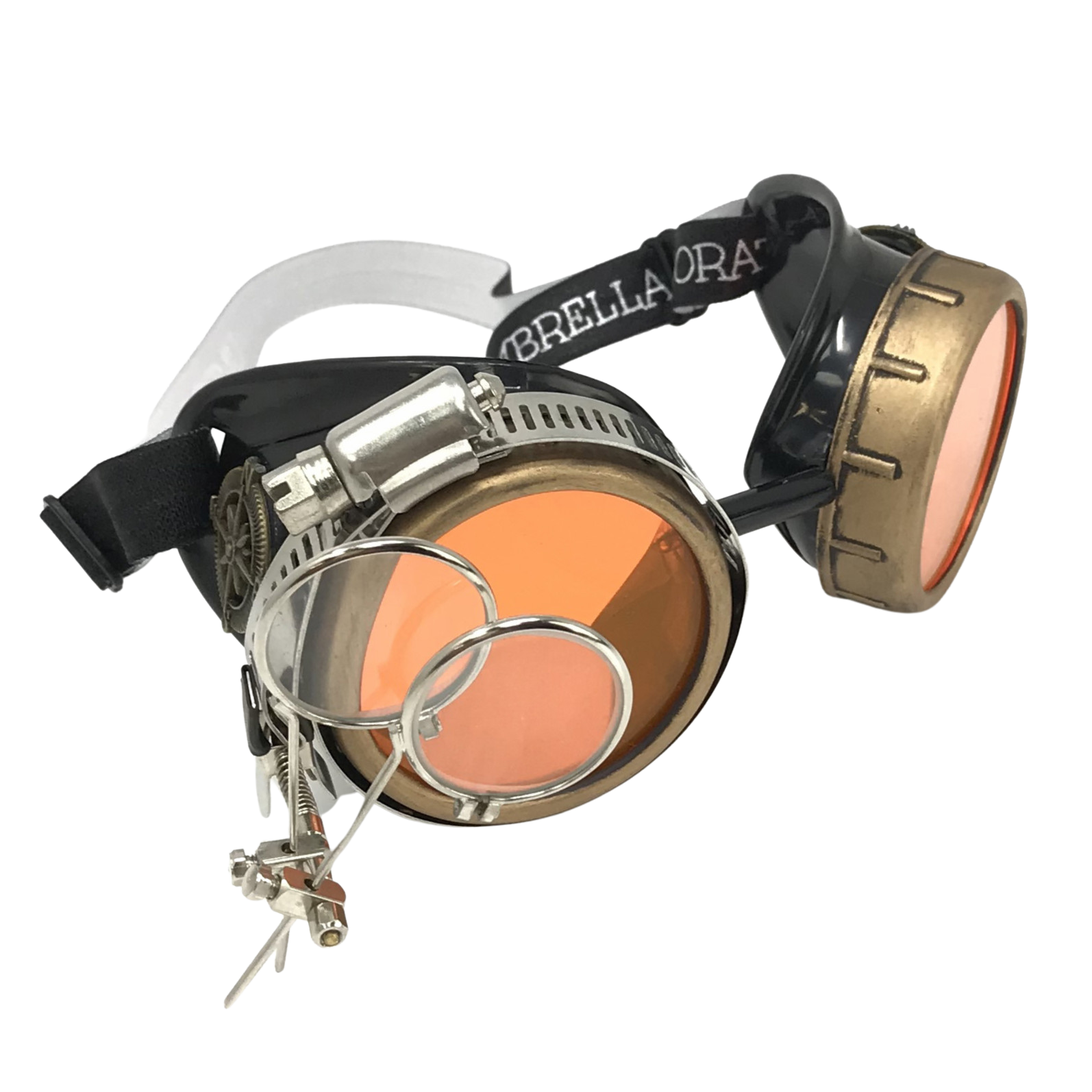 Steampunk Goggles with magnifying loupes UV glow neon orange lenses