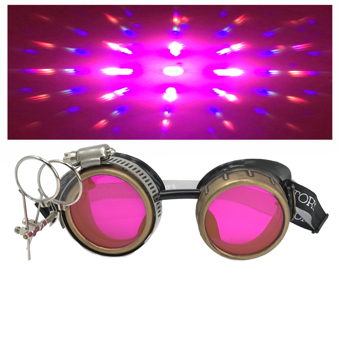 Steampunk Goggles with magnifying loupes UV glow neon blue prism diffraction lenses
