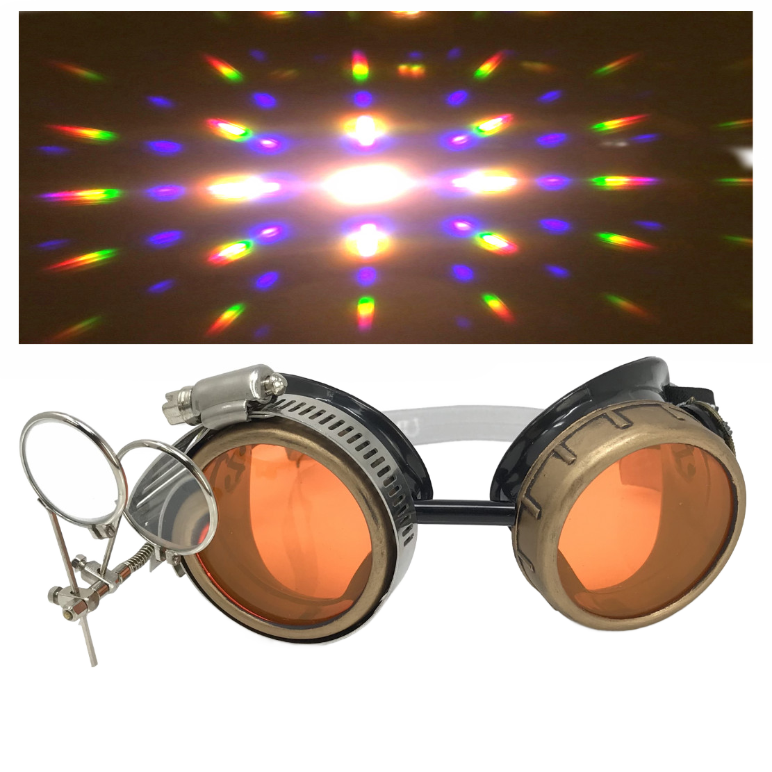 Steampunk Goggles with magnifying loupes UV glow neon blue prism diffraction lenses