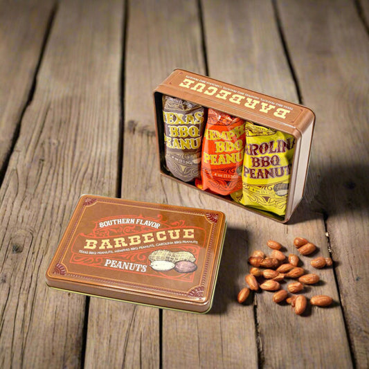 Southern BBQ Peanuts Men's Gift Tin – 3 Gourmet BBQ Flavors | Texas, Memphis & Carolina Peanuts