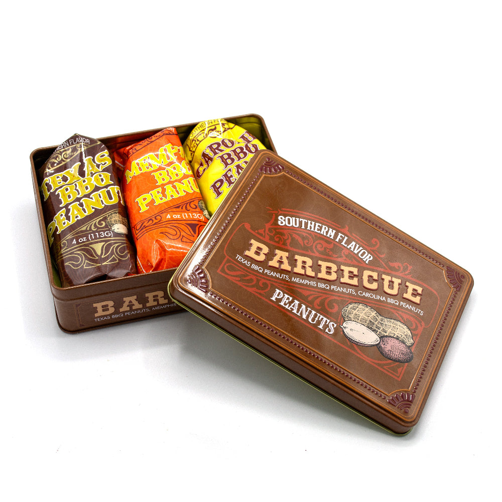 Southern BBQ Peanuts Men's Gift Tin – 3 Gourmet BBQ Flavors | Texas, Memphis & Carolina Peanuts