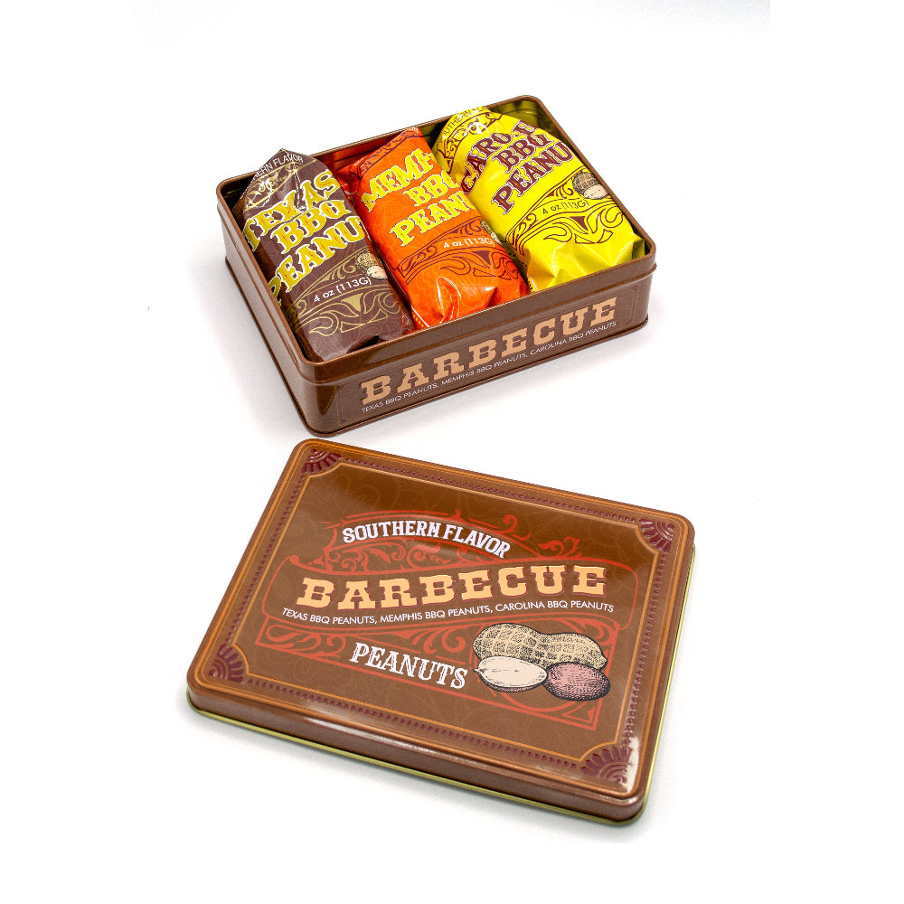 Southern BBQ Peanuts Men's Gift Tin – 3 Gourmet BBQ Flavors | Texas, Memphis & Carolina Peanuts