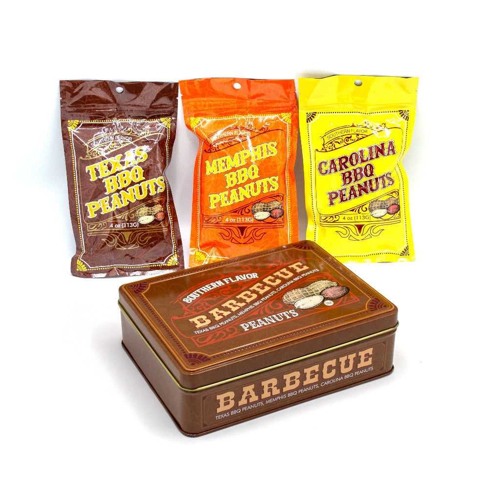 Southern BBQ Peanuts Men's Gift Tin – 3 Gourmet BBQ Flavors | Texas, Memphis & Carolina Peanuts