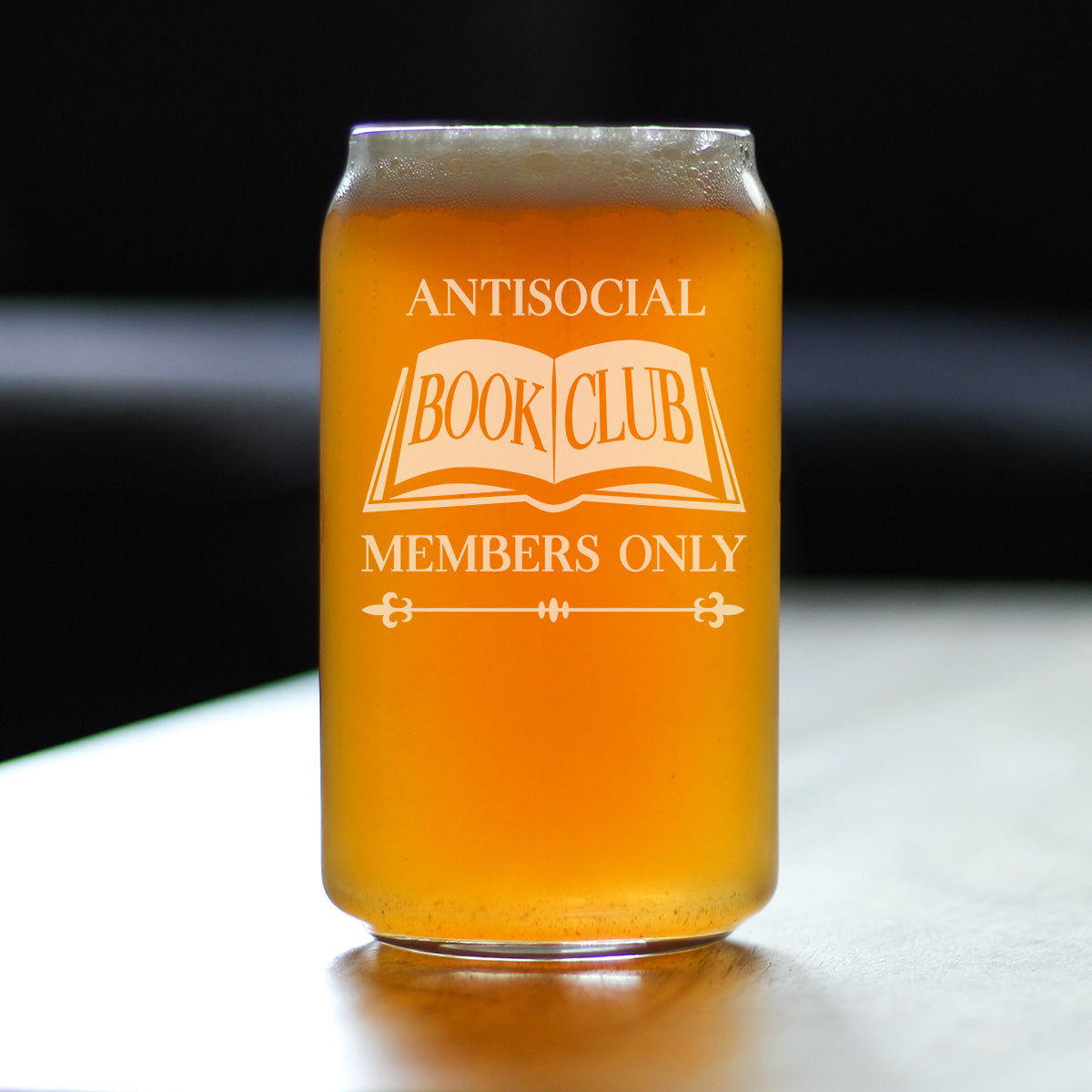 Antisocial Book Club Engraved Beer Can Glass  Funny Gifts for Introverts and Book Club Beer Can Shaped Pint Glass - 16oz