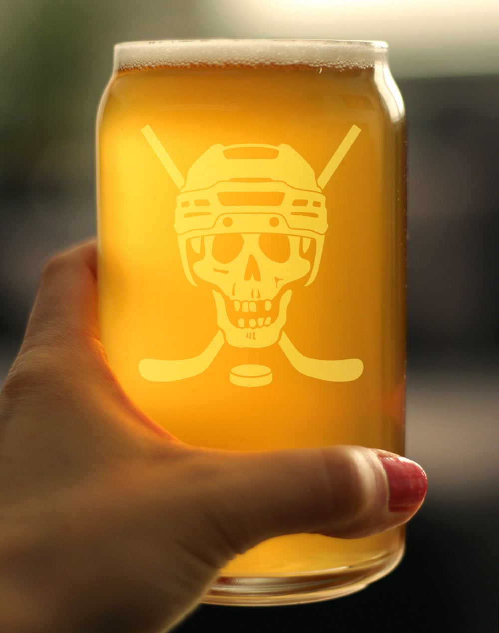 Hockey Skull Engraved Beer Can Glass Gifts Hockey Gifts for Coach or Players Beer Can Shaped Pint Glass - 16oz