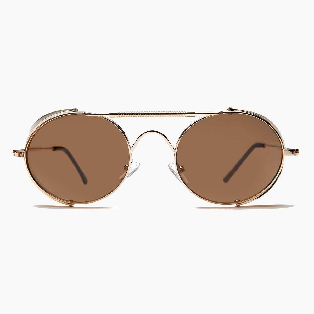 Gold Steampunk Sunglass with Folding Side Shields - Bram 6 - Gold / Brown Lens