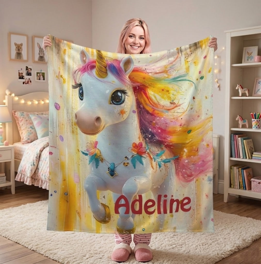 Personalized Unicorn Name Blanket | Rainbow Fleece Custom Kids Gift