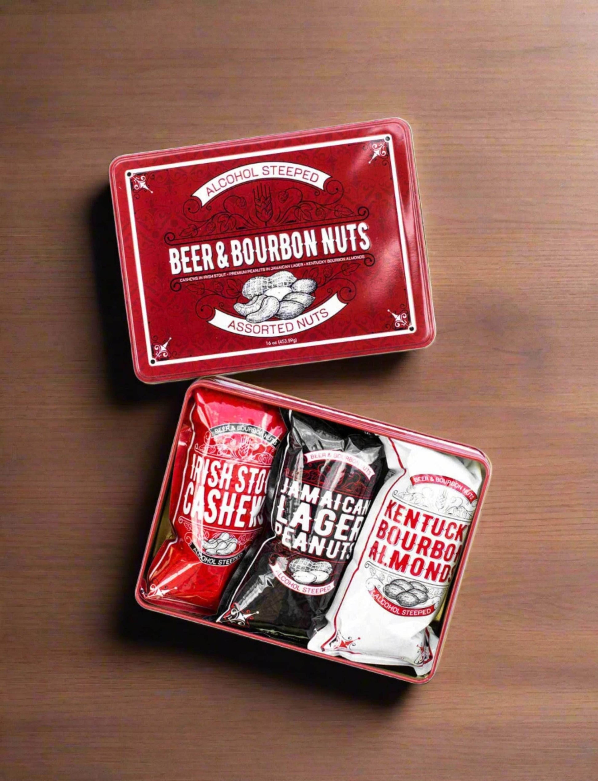Beer & Bourbon Liquor Nuts Men's Gift Tin – Alcohol-Free Gourmet Nuts - 