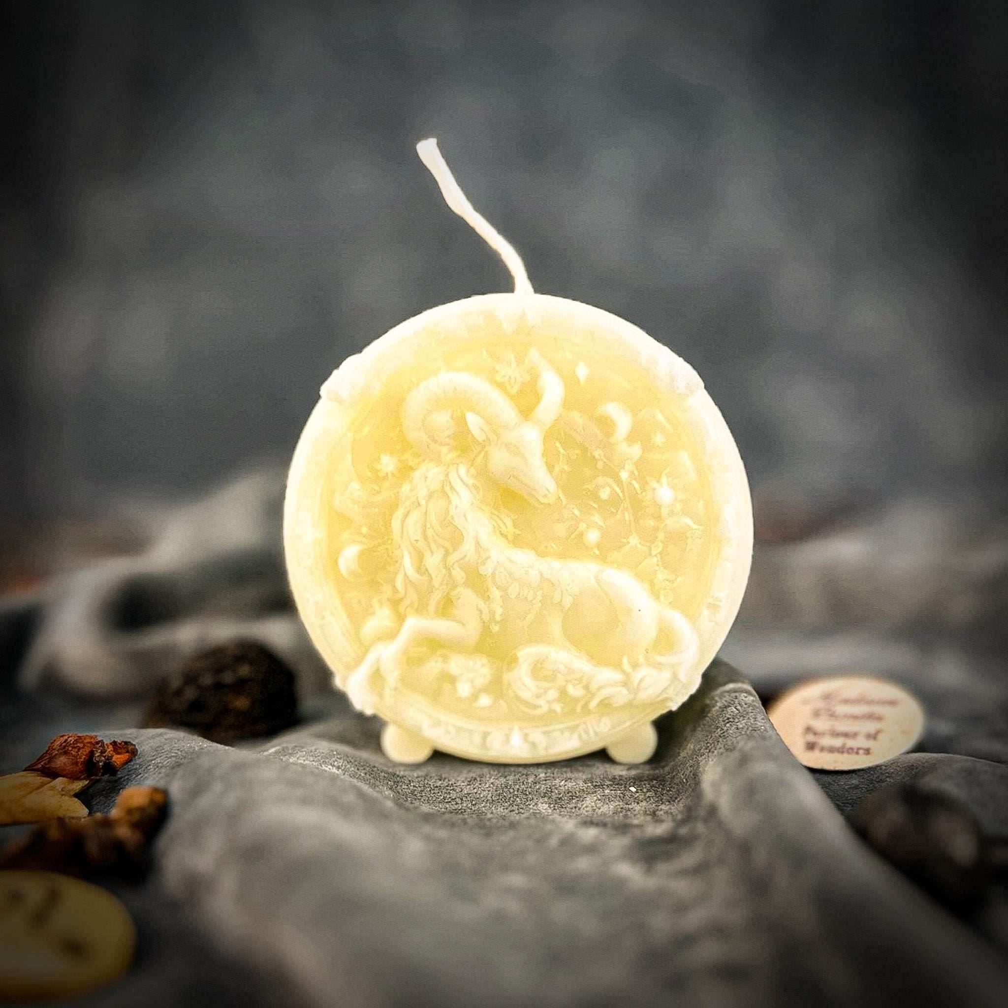 Beeswax Capricorn Goat Zodiac Spell Candle - White (Blessing)